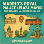 Illustrated map of Madrid highlighting the Royal Palace, Plaza Mayor, and nearby landmarks, labeled with SPANALY.COM