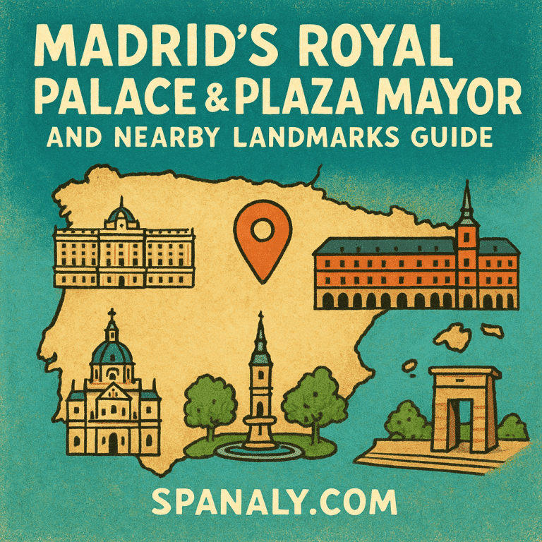 Illustrated map of Madrid highlighting the Royal Palace, Plaza Mayor, and nearby landmarks, labeled with SPANALY.COM