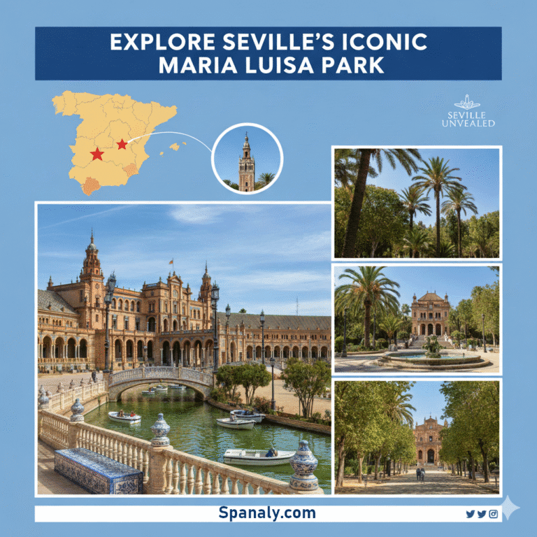 Professional image collage of Maria Luisa Park in Seville, Spain, highlighting the Plaza de España, main avenues, and historical buildings. Includes a map of Spain and the title 'Explore Seville's Iconic Maria Luisa Park' for Spanaly.com.