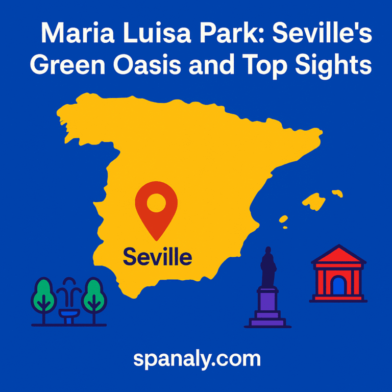 A scenic view of Maria Luisa Park in Seville with lush gardens, fountains, and architectural landmarks.