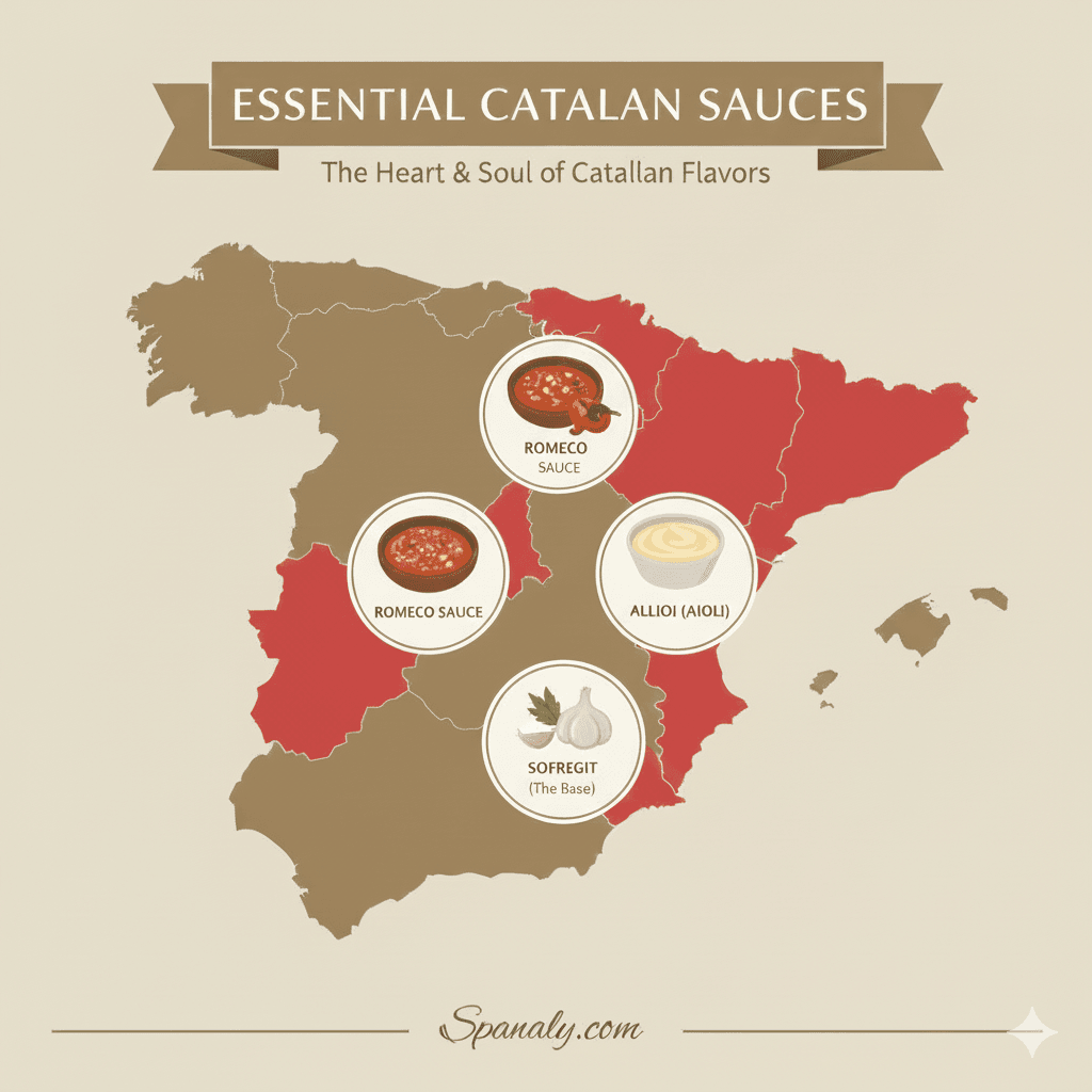 Educational infographic about traditional Catalan sauces featuring Romesco, Allioli, and Sofregit with descriptive icons on a Spanish map background for Spanaly.com