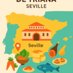 Illustrated map-inspired image of Mercado de Triana with colorful food stalls and the outline of Spain.