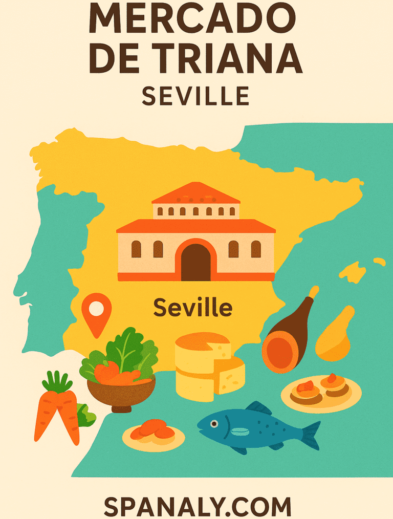 Illustrated map-inspired image of Mercado de Triana with colorful food stalls and the outline of Spain.