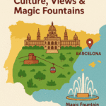 Illustrated map of Spain showing Barcelona’s Montjuïc Hill with cultural icons, gardens, and the Magic Fountain glowing at night — created for Spanaly.com