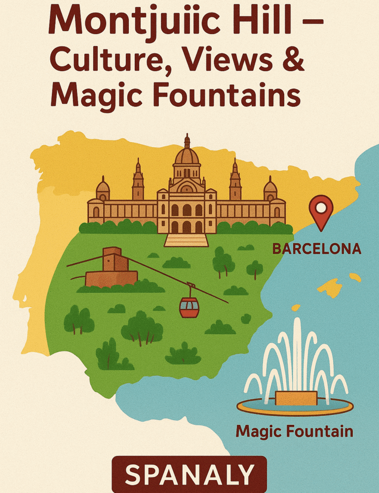 Illustrated map of Spain showing Barcelona’s Montjuïc Hill with cultural icons, gardens, and the Magic Fountain glowing at night — created for Spanaly.com