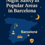 Illustrated map of Spain highlighting Barcelona with nighttime city icons, representing safety tips for night travelers.