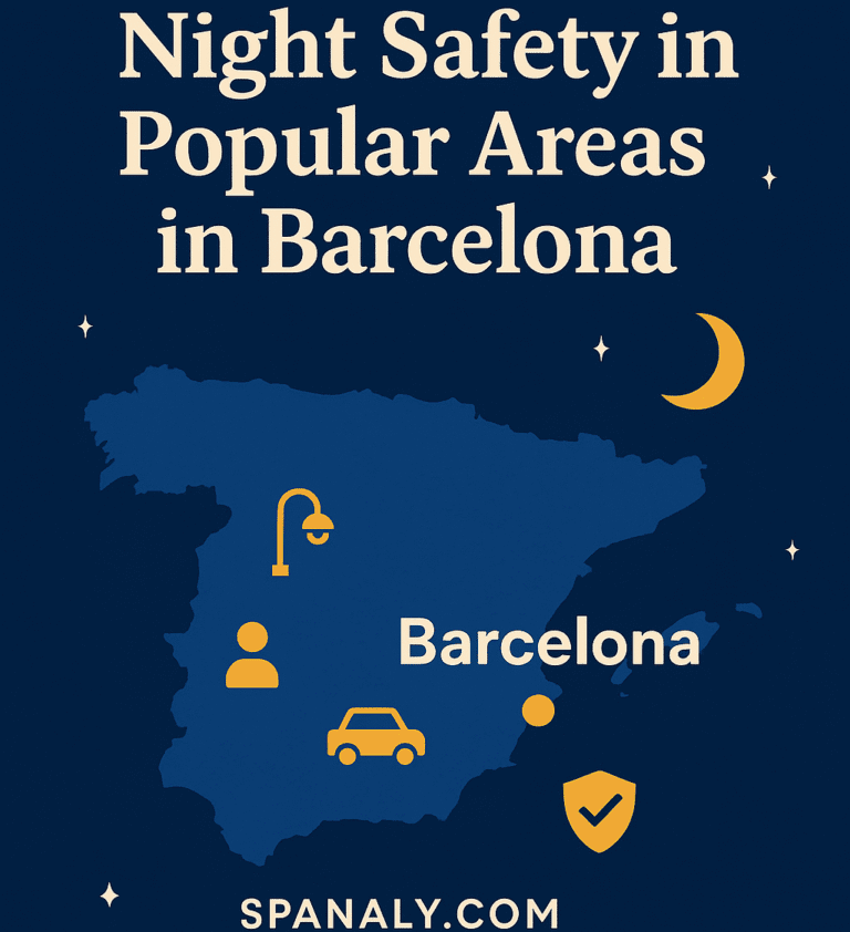 Illustrated map of Spain highlighting Barcelona with nighttime city icons, representing safety tips for night travelers.