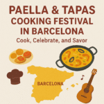 Illustrated map of Spain highlighting Barcelona, showing a paella pan, tapas plates, and festive music icons with the text “Paella & Tapas Cooking Festival in Barcelona – Cook, Celebrate, and Savor” and Spanaly.com at the bottom