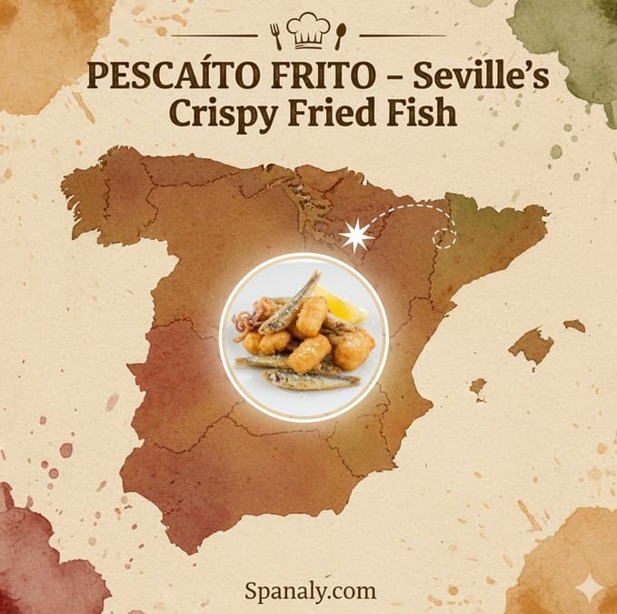 Map of Spain highlighting Seville, featuring a Pescaíto Frito dish icon in the center, with the site name Spanaly.com at the bottom.