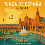 Illustrated map of Spain highlighting Seville with an artistic representation of Plaza de España’s iconic bridges and towers.