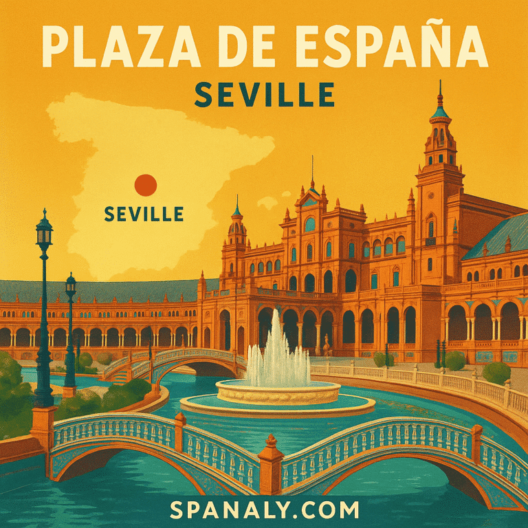 Illustrated map of Spain highlighting Seville with an artistic representation of Plaza de España’s iconic bridges and towers.