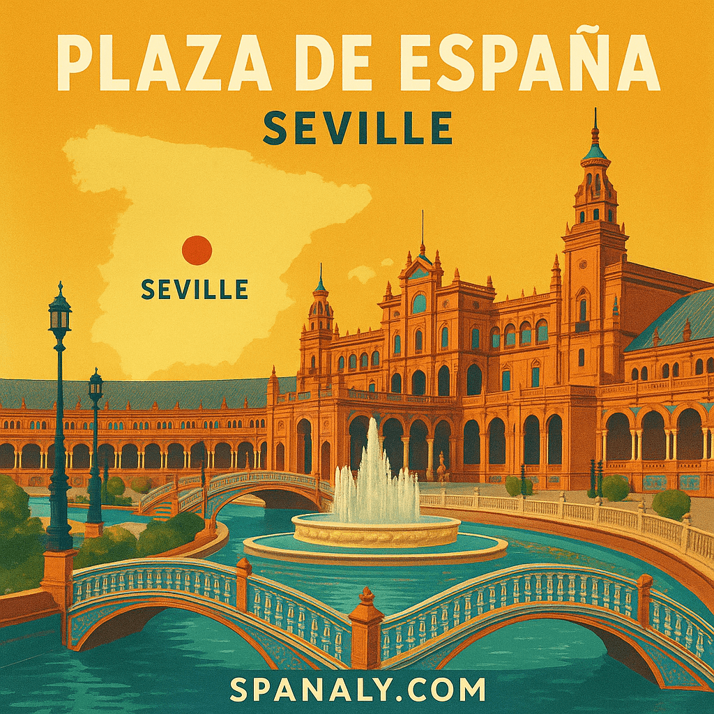 Illustrated map of Spain highlighting Seville with an artistic representation of Plaza de España’s iconic bridges and towers.