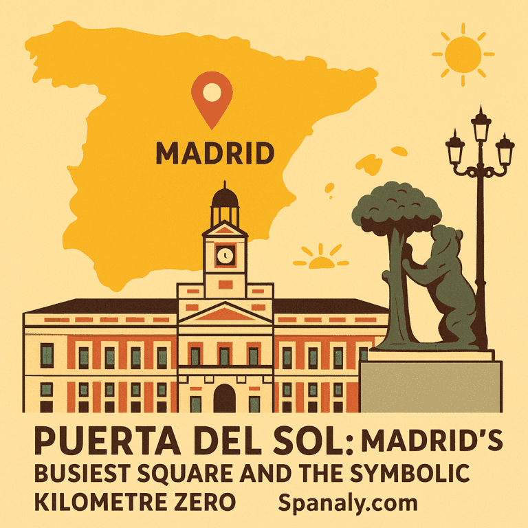 Illustrated map of Spain showing Madrid with Puerta del Sol highlighted, surrounded by lively street icons.