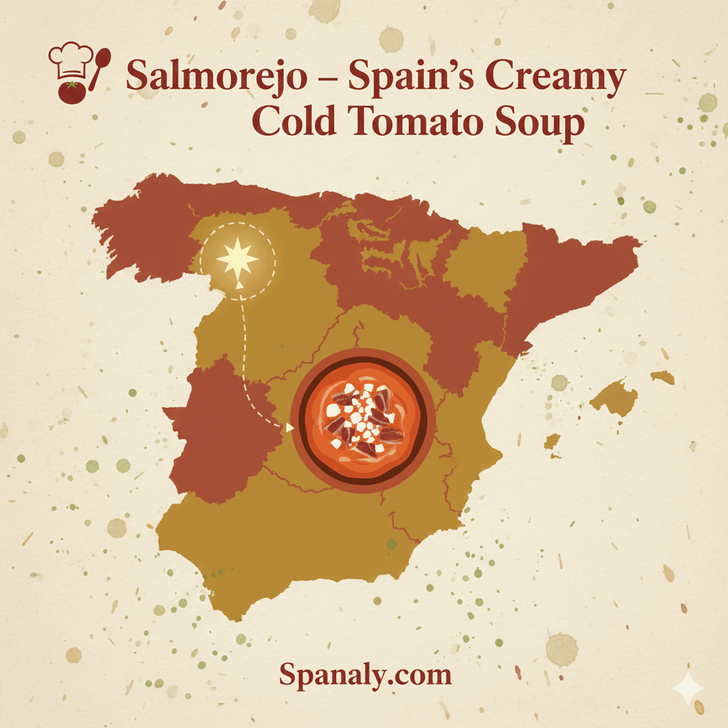 Map of Spain highlighting Seville, featuring a Salmorejo dish icon in the center, with the site name Spanaly.com at the bottom.