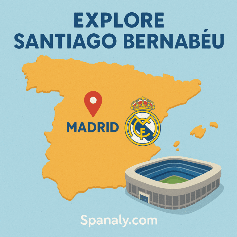 Illustrated map of Madrid highlighting Santiago Bernabéu Stadium with Real Madrid symbols and surrounding attractions — Spanaly.com