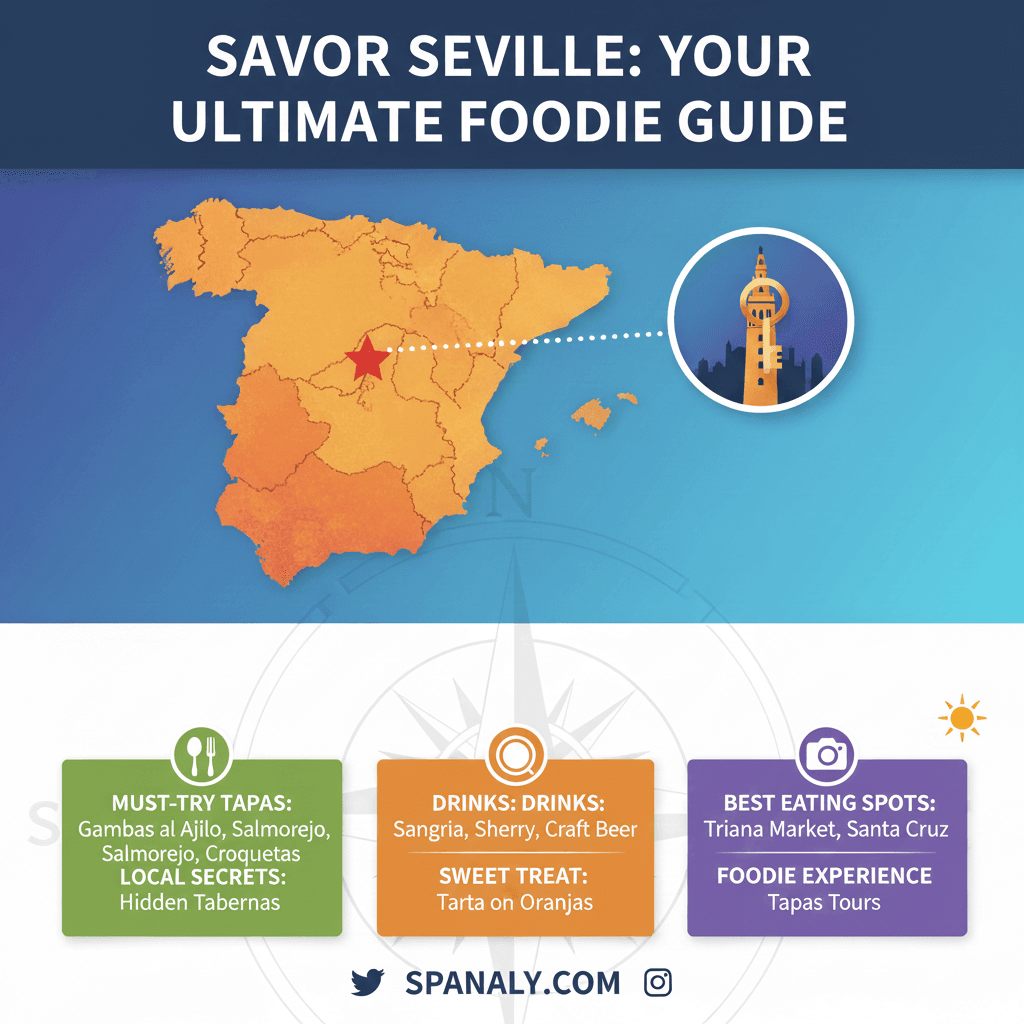 Square food-themed graphic promoting local eating tips in Seville, Spain. The image shows local tapas and culinary icons, with Seville highlighted on a map, and the title 'Savor Seville: Your Ultimate Foodie Guide' for Spanaly.com.