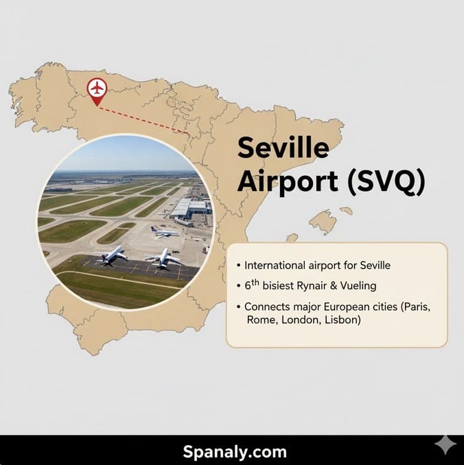 Illustrated map of Spain with a pinpoint on Seville and an airplane icon representing Seville Airport (SVQ).
