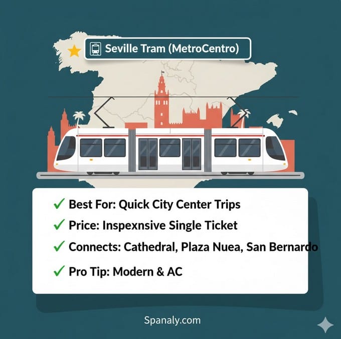 Seville MetroCentro tram with Seville highlighted on a map of Spain. The image summarizes key visitor information: "Best For: Quick City Center Trips," "Price: Inexpensive Single Ticket," "Connects: Cathedral, Plaza Nueva, San Bernardo," and "Pro Tip: Modern & AC." Spanaly.com.