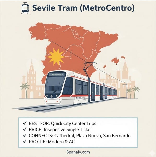 Seville Metro with highlighted Seville on Spain map, showing key details like "Modern & Clean," "Connects Nervión," and "Avoids Traffic" for visitor travel tips. Spanaly.com.