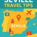 Illustrated map of Spain highlighting Seville with travel tips icons in vivid colors