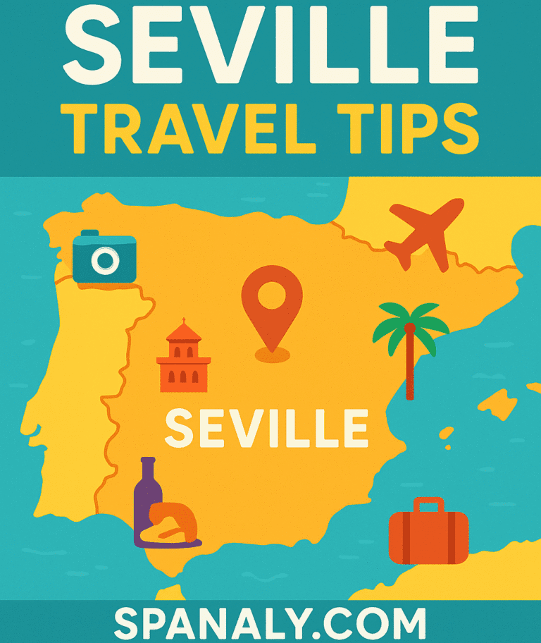 Illustrated map of Spain highlighting Seville with travel tips icons in vivid colors