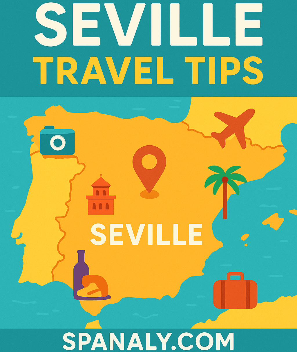 Illustrated map of Spain highlighting Seville with travel tips icons in vivid colors