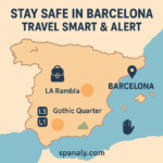 Illustrated map of Barcelona showing key tourist areas and pickpocket awareness tips, highlighting La Rambla, Gothic Quarter, and metro stations