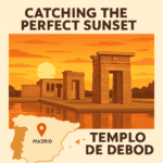 Sunset view over Templo de Debod, the ancient Egyptian temple in Madrid’s Parque del Oeste.