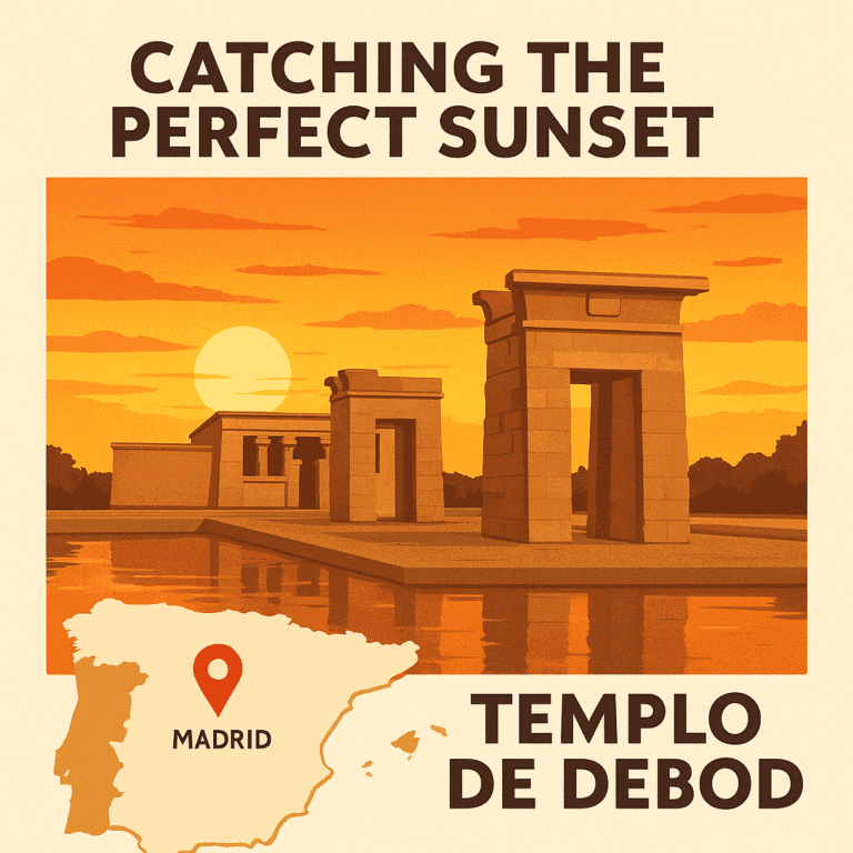 Sunset view over Templo de Debod, the ancient Egyptian temple in Madrid’s Parque del Oeste.