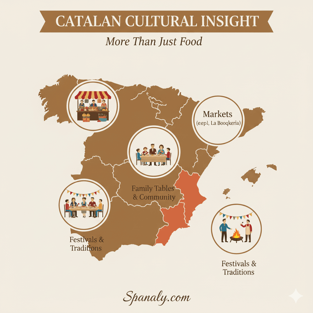 Infographic illustrating Catalan culinary culture featuring La Boqueria market, family gatherings, and traditional festival foods on a map of Spain for Spanaly.com.