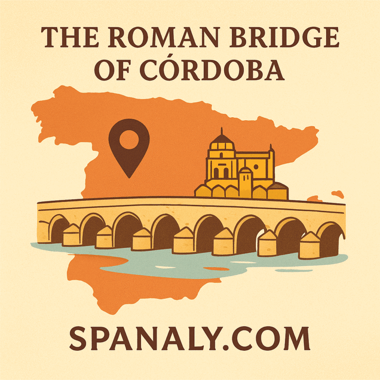 Illustrated map of Spain highlighting Córdoba with the Roman Bridge and a scenic view of the Guadalquivir River, labeled with SPANALY.COM