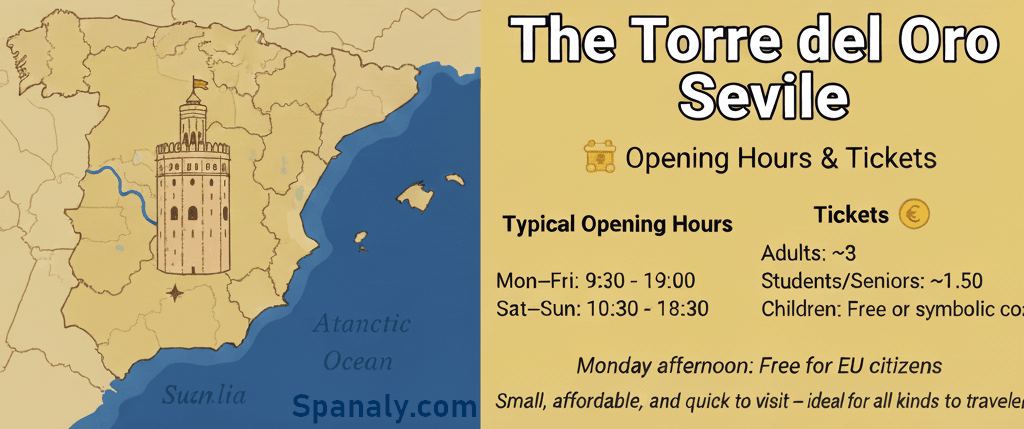 Illustrated map highlighting Seville and Torre del Oro — Spanaly.com
