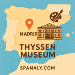 Illustrated map of Spain showing Madrid with an art museum icon and palette symbol, labeled “Thyssen Museum – Spanaly.com.”
