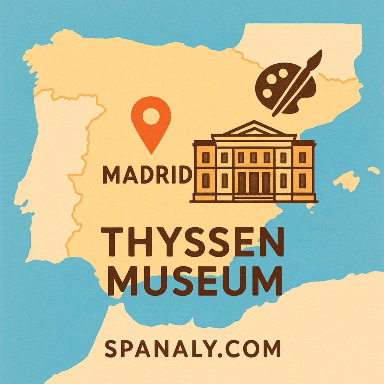 Illustrated map of Spain showing Madrid with an art museum icon and palette symbol, labeled “Thyssen Museum – Spanaly.com.”
