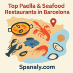 Illustrated map of Spain highlighting Barcelona, seafood icons, paella dishes, caption: “Top Paella & Seafood Restaurants in Barcelona 🦐 | Spanaly.com