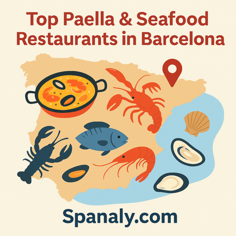 Illustrated map of Spain highlighting Barcelona, seafood icons, paella dishes, caption: “Top Paella & Seafood Restaurants in Barcelona 🦐 | Spanaly.com