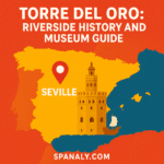 Illustrated map of Spain highlighting Seville with Torre del Oro icon, vivid colors, Spanaly.com branding