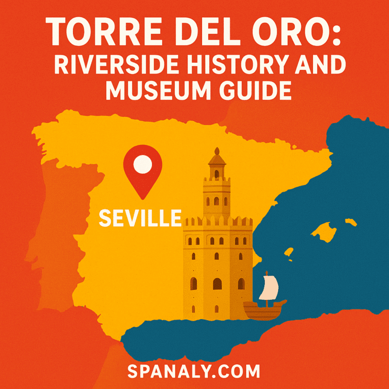 Illustrated map of Spain highlighting Seville with Torre del Oro icon, vivid colors, Spanaly.com branding