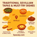 Illustrated map of Spain highlighting Seville with Andalusian food icons representing traditional Sevillian tapas.