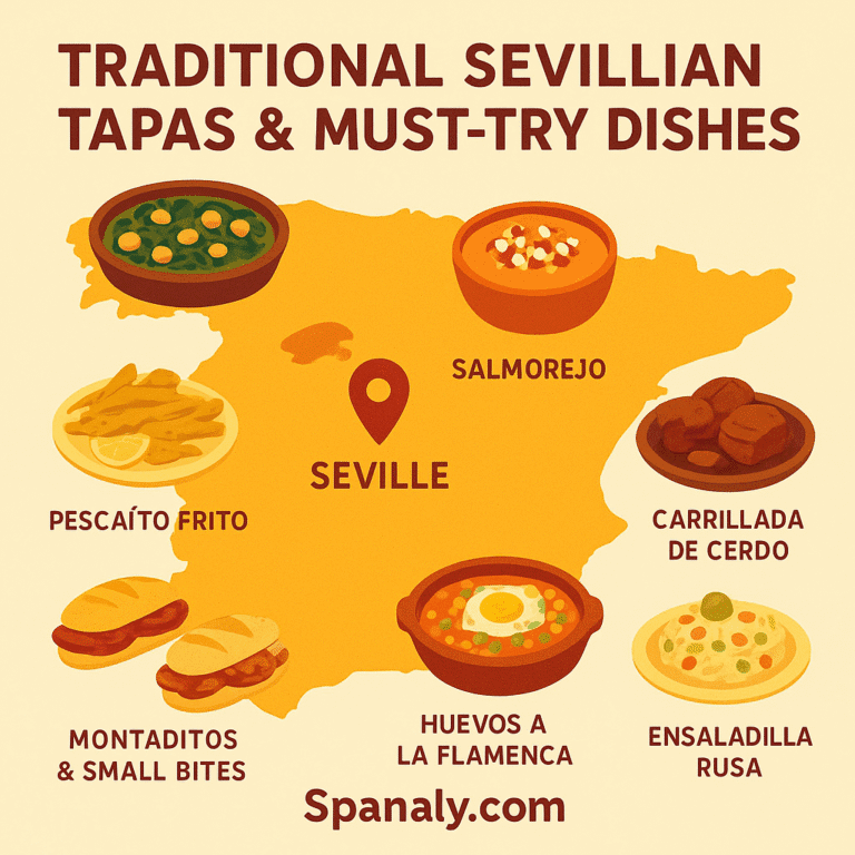 Illustrated map of Spain highlighting Seville with Andalusian food icons representing traditional Sevillian tapas.