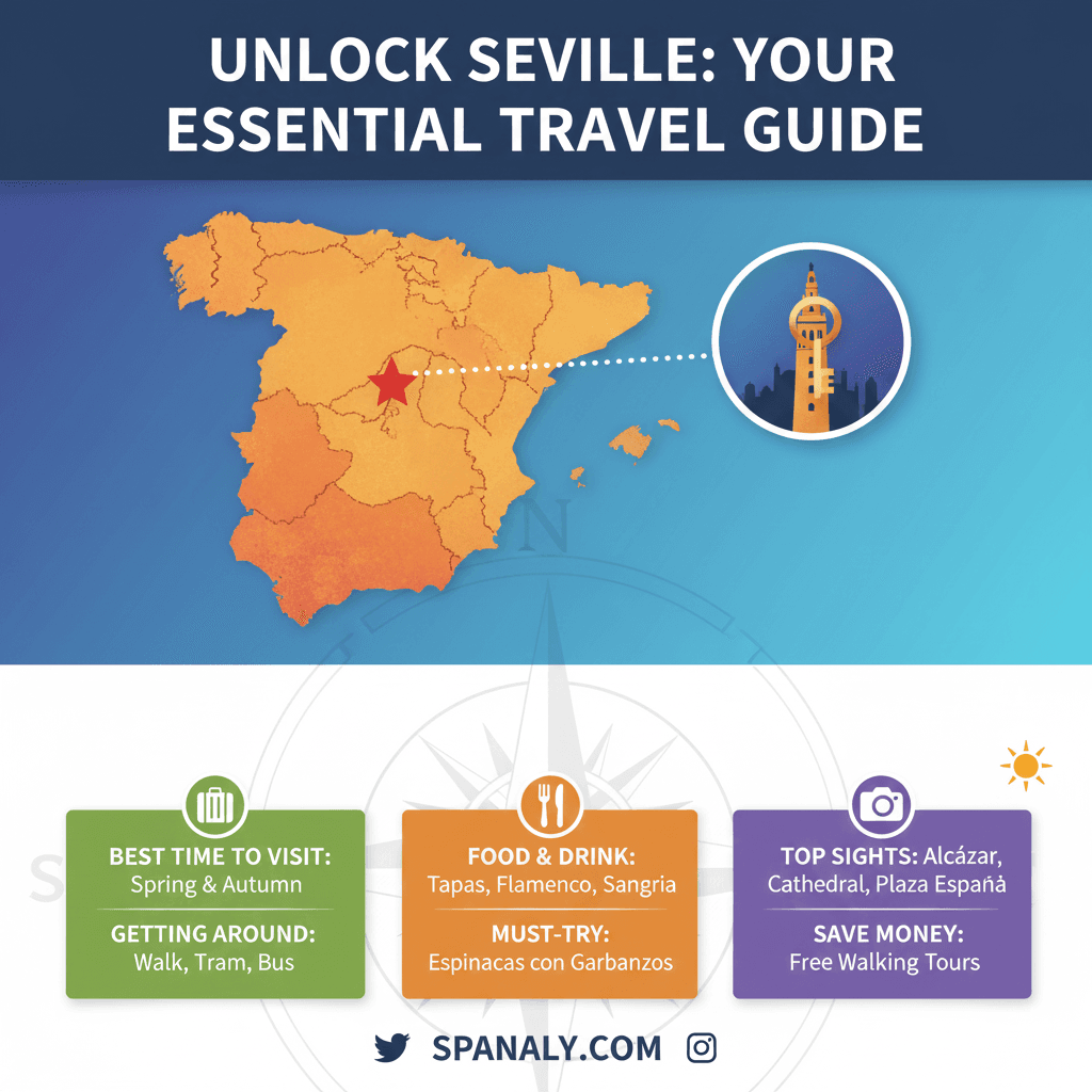 Square graphic design with a travel theme, featuring Seville (Spain) highlighted on a map, travel icons, and the title 'Unlock Seville: Your Essential Travel Guide' for first-time visitors on Spanaly.com.
