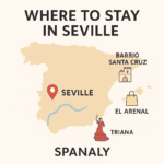 Illustrated 1024×1024 map of Spain showing Seville highlighted, with icons for Santa Cruz, El Arenal, and Triana, a headline at the top, and “Spanaly.com” at the bottom.