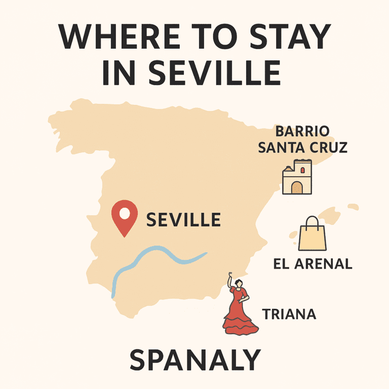 Illustrated 1024×1024 map of Spain showing Seville highlighted, with icons for Santa Cruz, El Arenal, and Triana, a headline at the top, and “Spanaly.com” at the bottom.