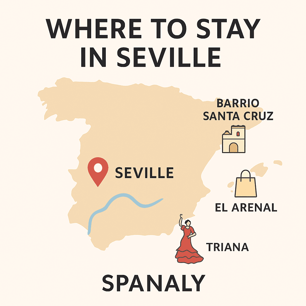Illustrated 1024×1024 map of Spain showing Seville highlighted, with icons for Santa Cruz, El Arenal, and Triana, a headline at the top, and “Spanaly.com” at the bottom.