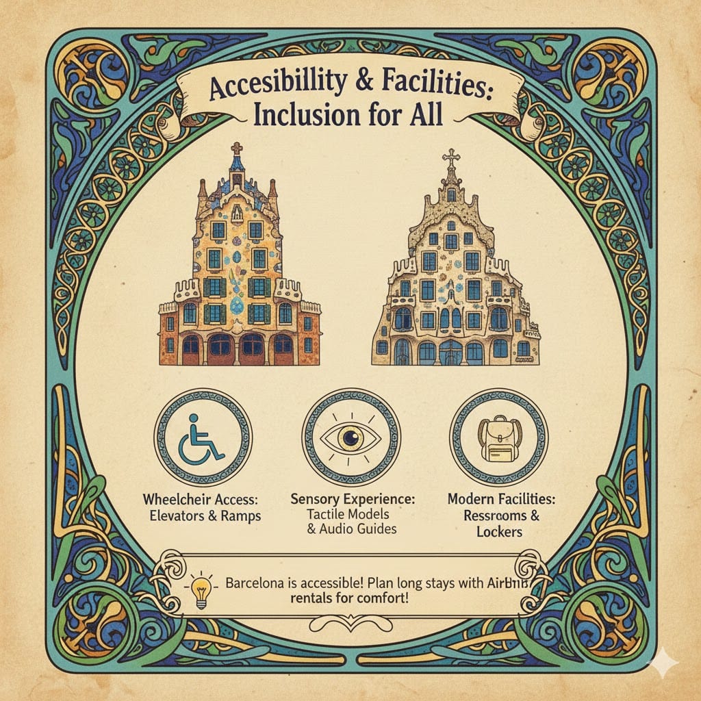 An infographic about accessibility and facilities at Casa Batlló and Casa Milà, featuring icons for wheelchair access, sensory experiences, and modern visitor facilities like lockers and restrooms.