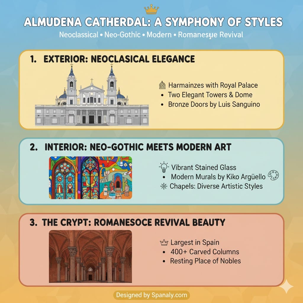 Infographic showing the three architectural styles of Almudena Cathedral: Neoclassical exterior, Neo-Gothic interior with modern art, and Romanesque Revival crypt, designed by Spanaly.