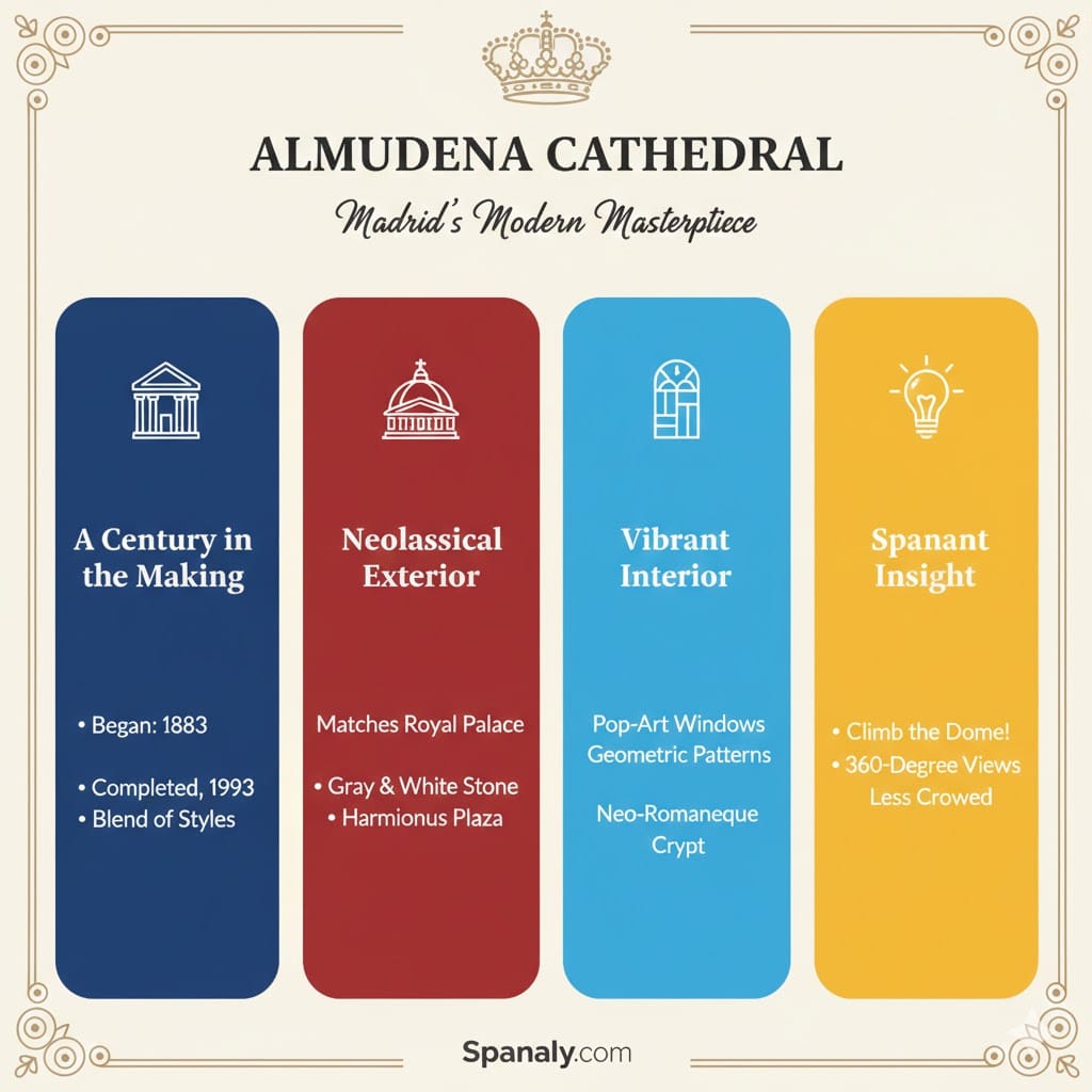 Educational infographic about Almudena Cathedral in Madrid, highlighting its 100-year construction history, Pop-Art interior, and the Dome viewpoint tips by Spanaly.