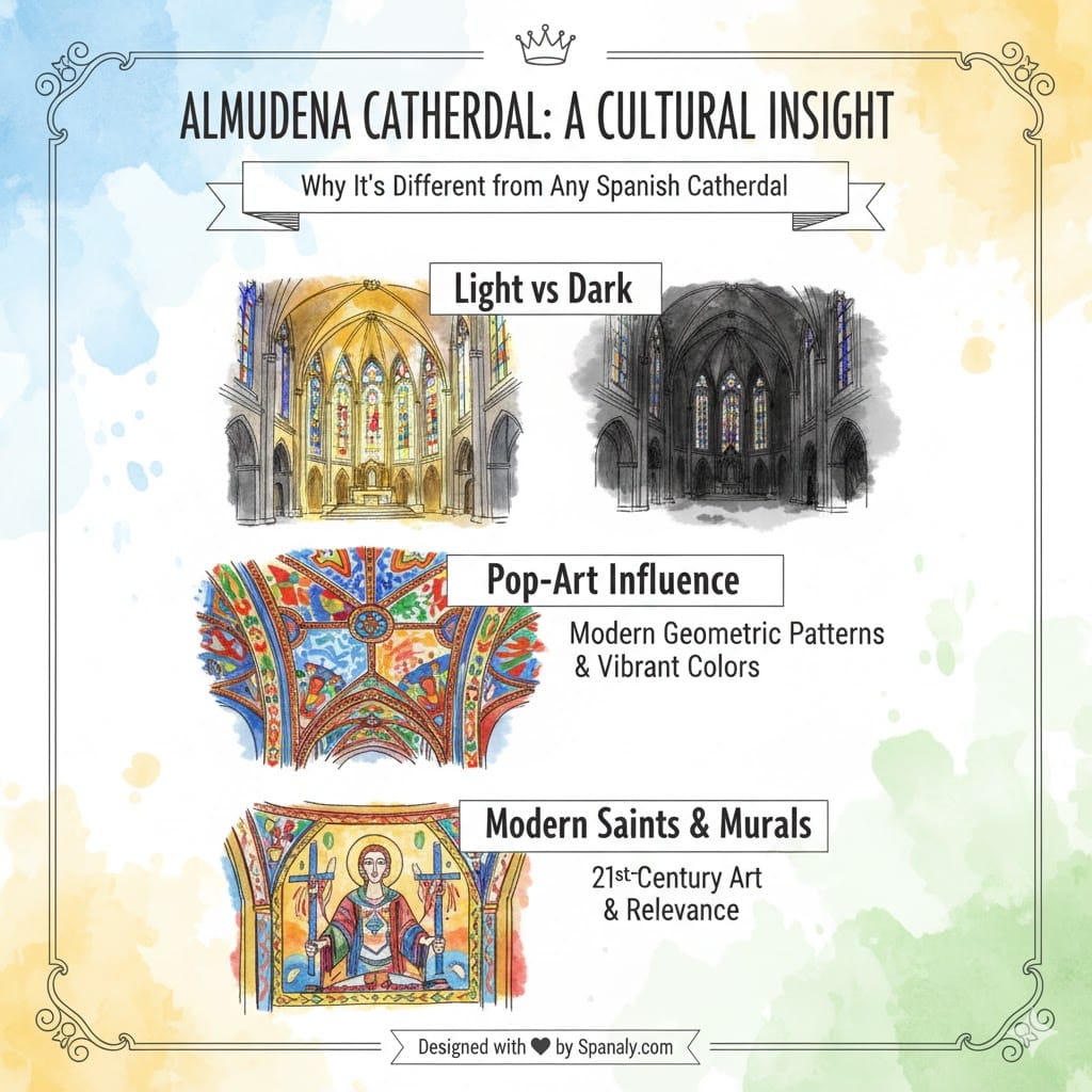 A hand-drawn comparison infographic of Almudena Cathedral’s modern interior, showing its light-filled nave, Pop-Art inspired ceilings, and 21st-century murals compared to traditional Gothic styles.