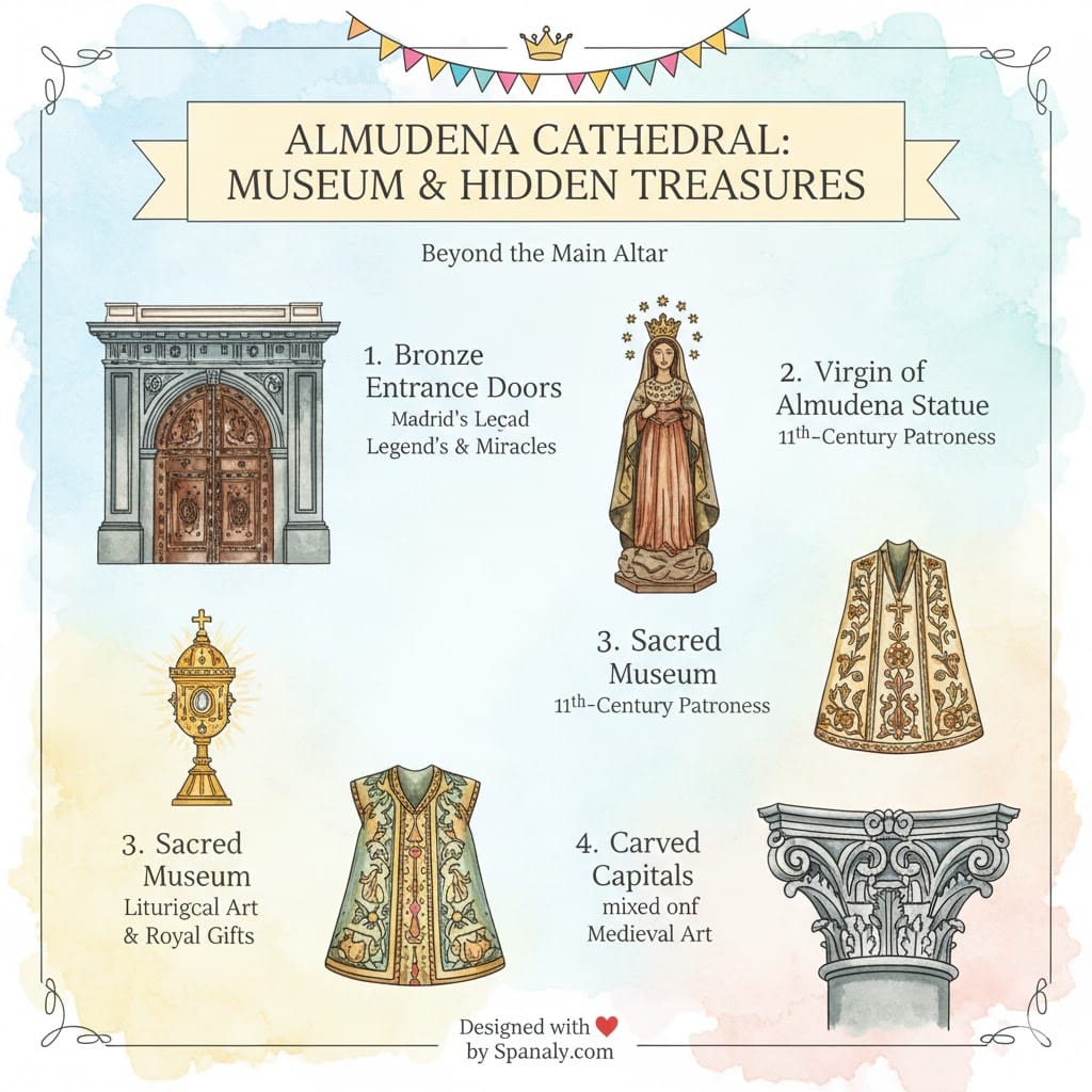 Hand-drawn infographic showcasing Almudena Cathedral treasures: Bronze doors, Virgin statue, sacred museum artifacts, and carved medieval capitals, designed by Spanaly.