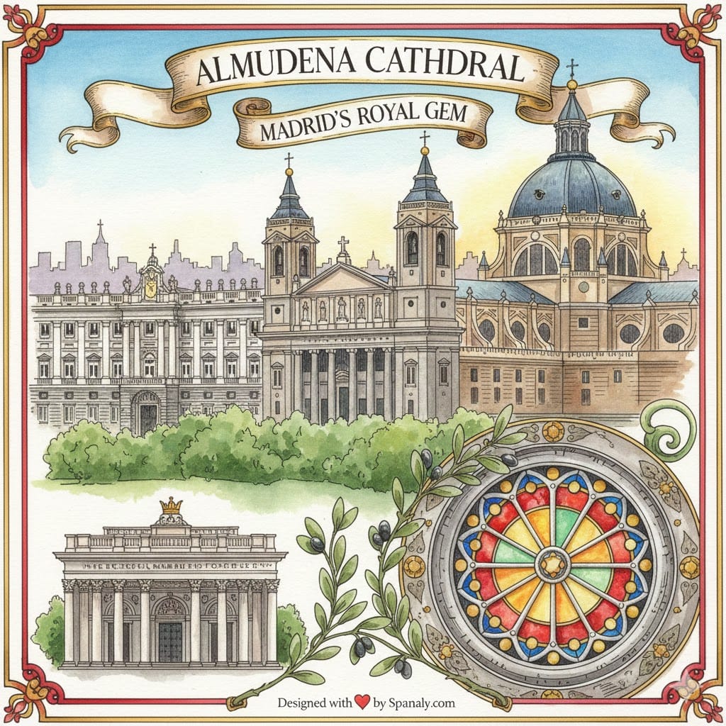 An artistic hand-drawn illustration of Almudena Cathedral and the Royal Palace in Madrid, featuring the cathedral's dome, neoclassical facade, and colorful stained glass elements.